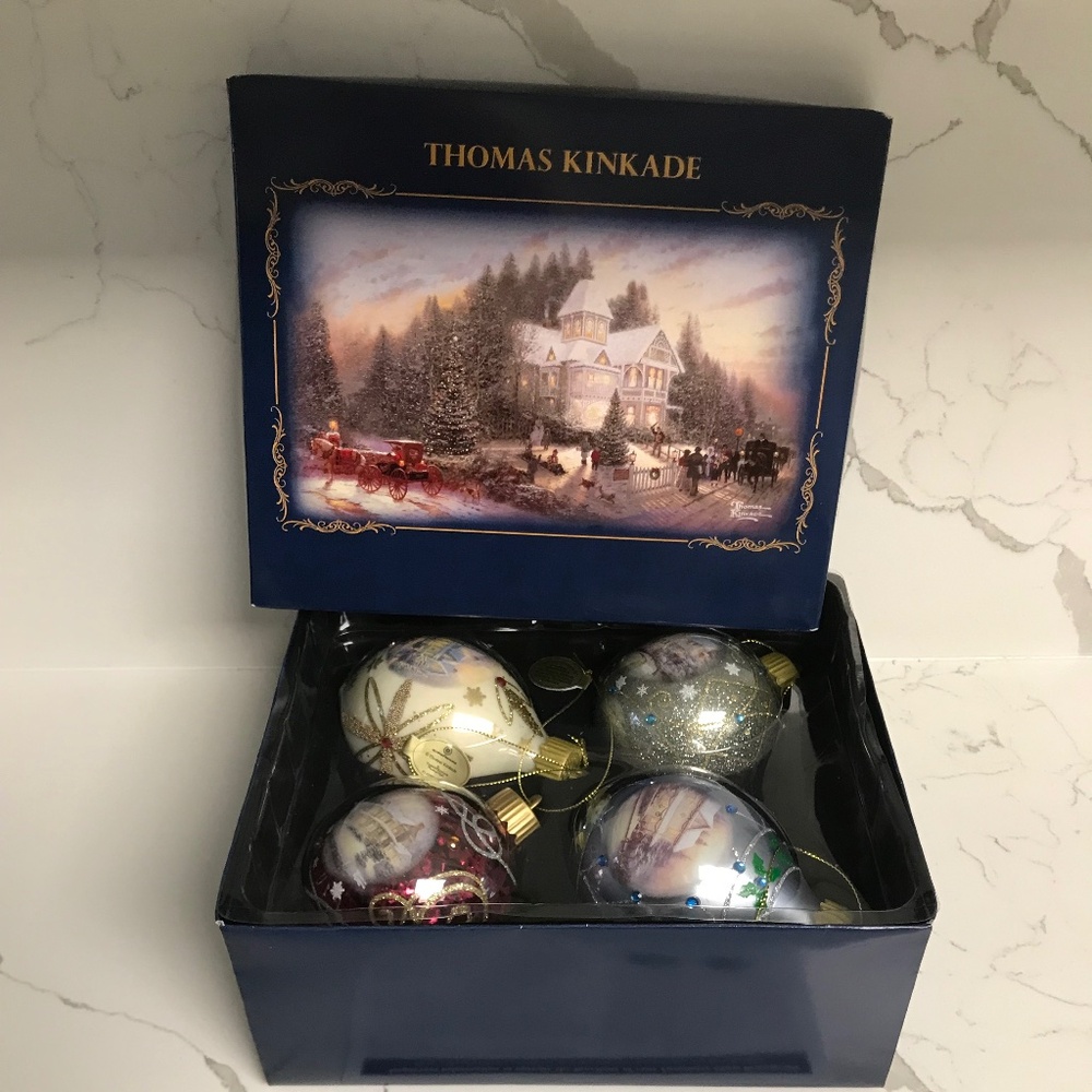 Thomas Kinkade Glass Christmas Luminary Light up Ornaments “Glow of the Holidays